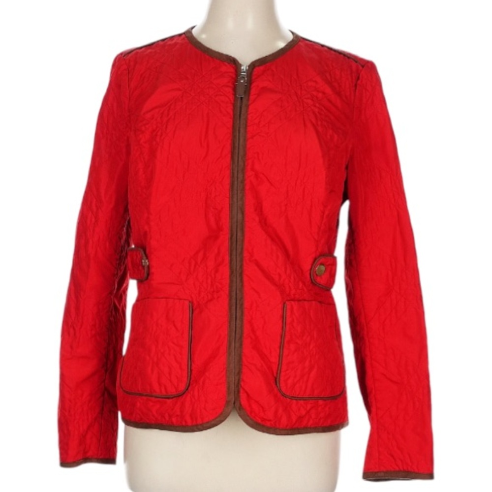 Charter Club Coat Quilted Equestrian Zip Front Red with Brown Trim Size Medium